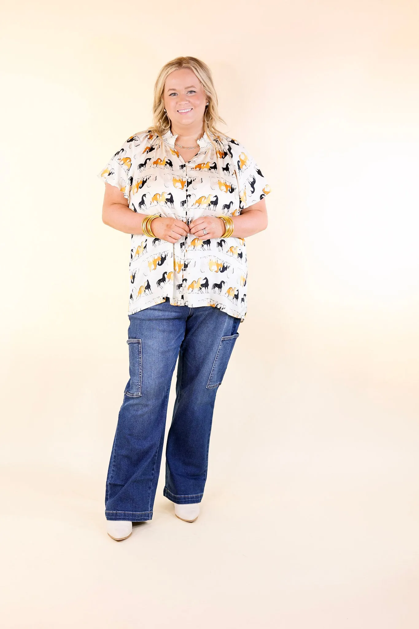 Away We Go Button Up Horse Print Shirt in Ivory