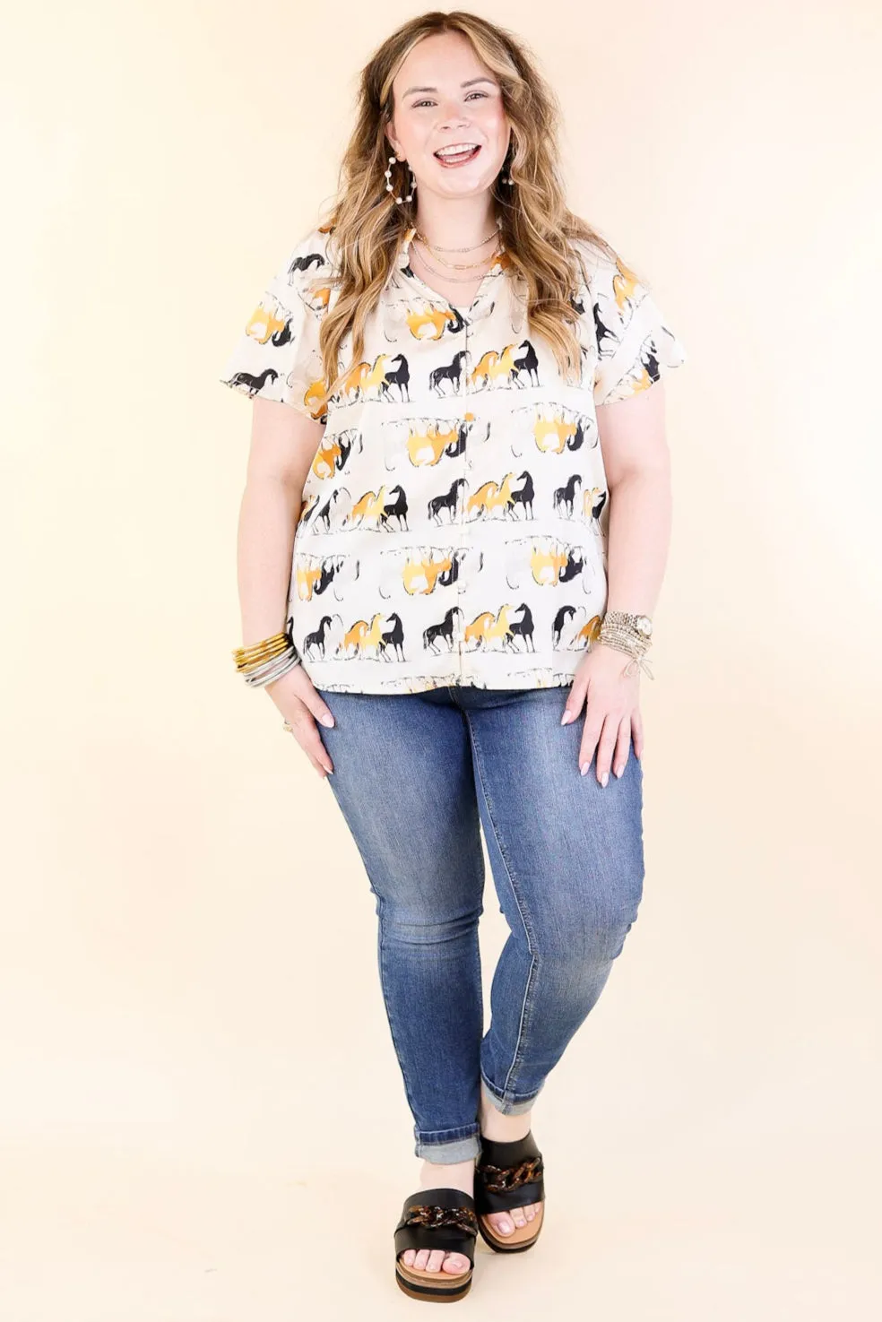 Away We Go Button Up Horse Print Shirt in Ivory