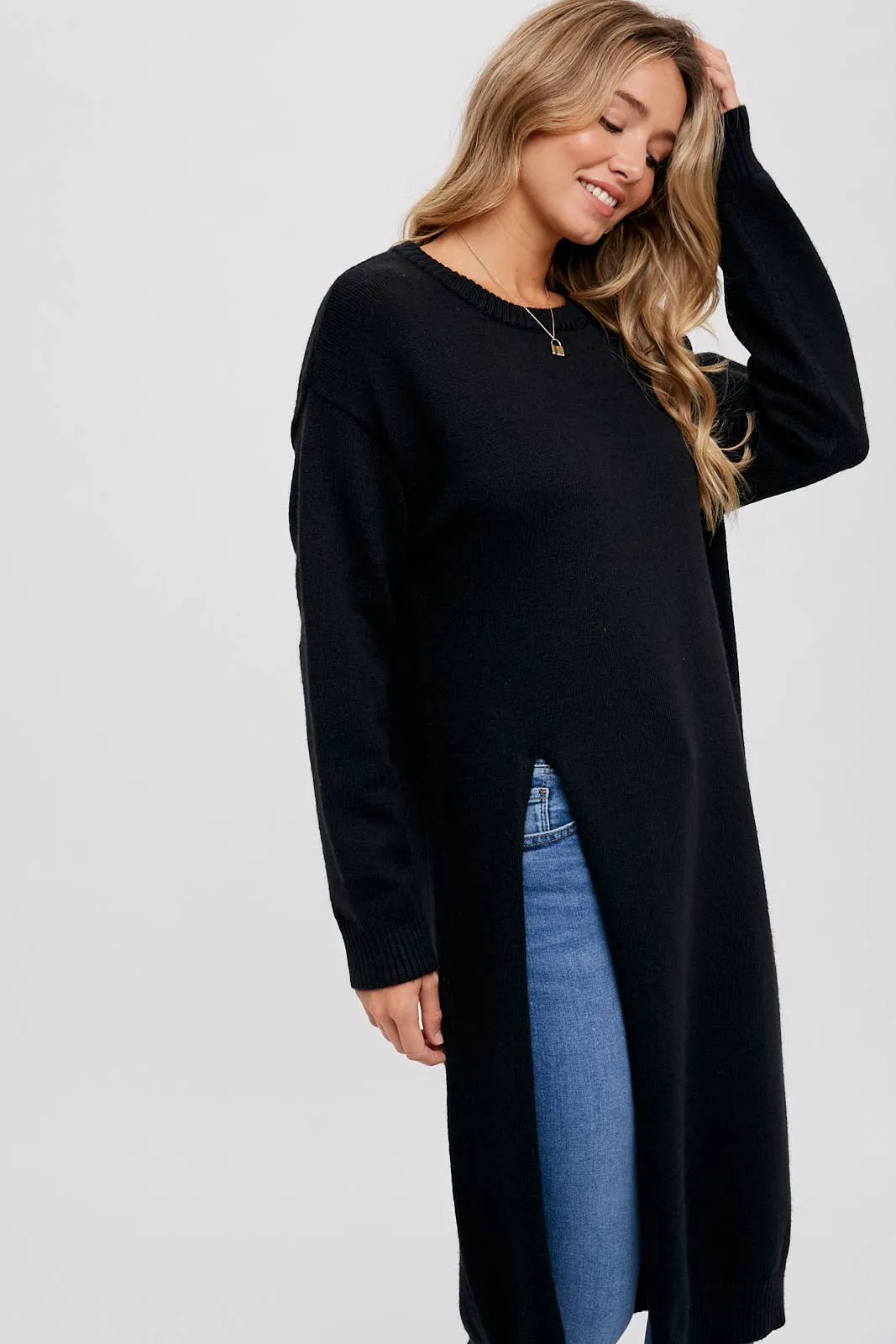 Black High Slip Longline Pullover Sweater