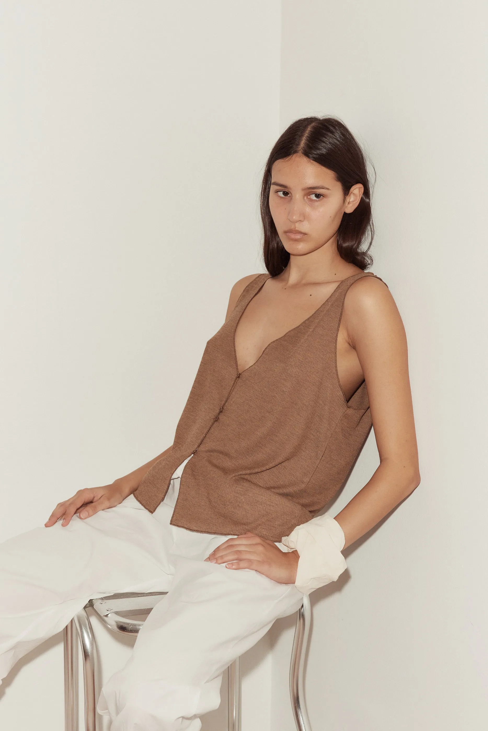 Button Up Knit Tank - Coffee