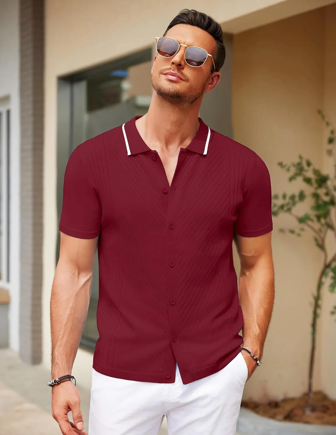 COOFANDY Men's Knit Short Sleeve Button Down Shirt Vintage Polo Shirt Casual Summer Beach Shirts