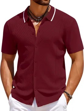 COOFANDY Men's Knit Short Sleeve Button Down Shirt Vintage Polo Shirt Casual Summer Beach Shirts
