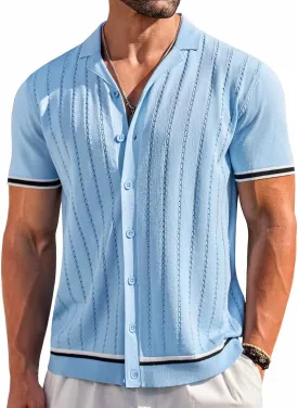 COOFANDY Men's Short Sleeve Knit Shirt Casual Button Down Shirt Vintage Striped Knitted Golf Beach Tops