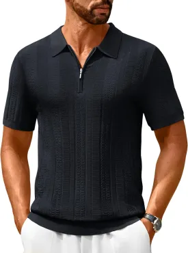 Cotrasen Men's Knit Polo Shirts Short Sleeve Ribbed Textured Polo Lightweight Stretch Slim Fit Golf T Shirt