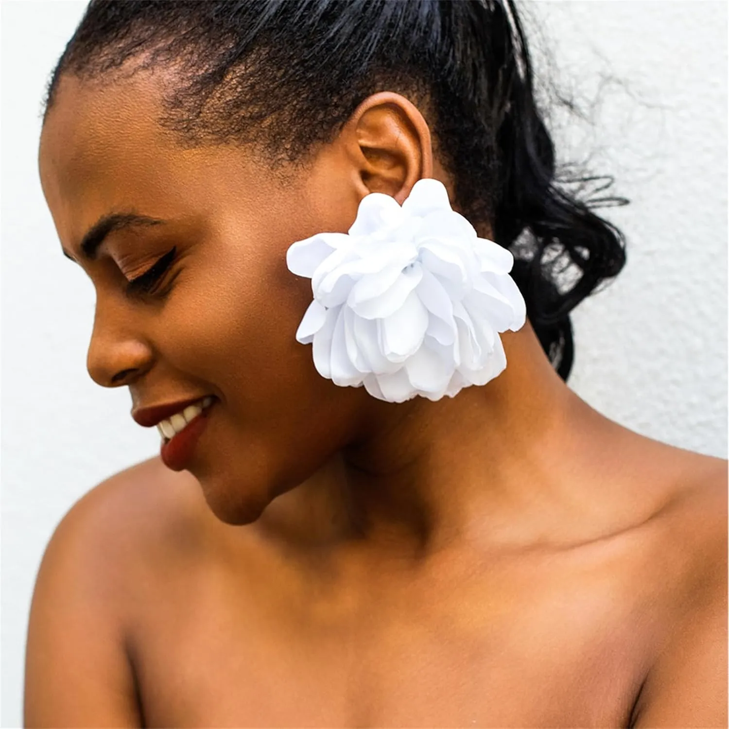 Exaggerated Satin Large Rose Camellia Flower Earrings - Fluffy Fabric Bohemian Floral Statement Earrings for Romantic Party Wedding Occasions