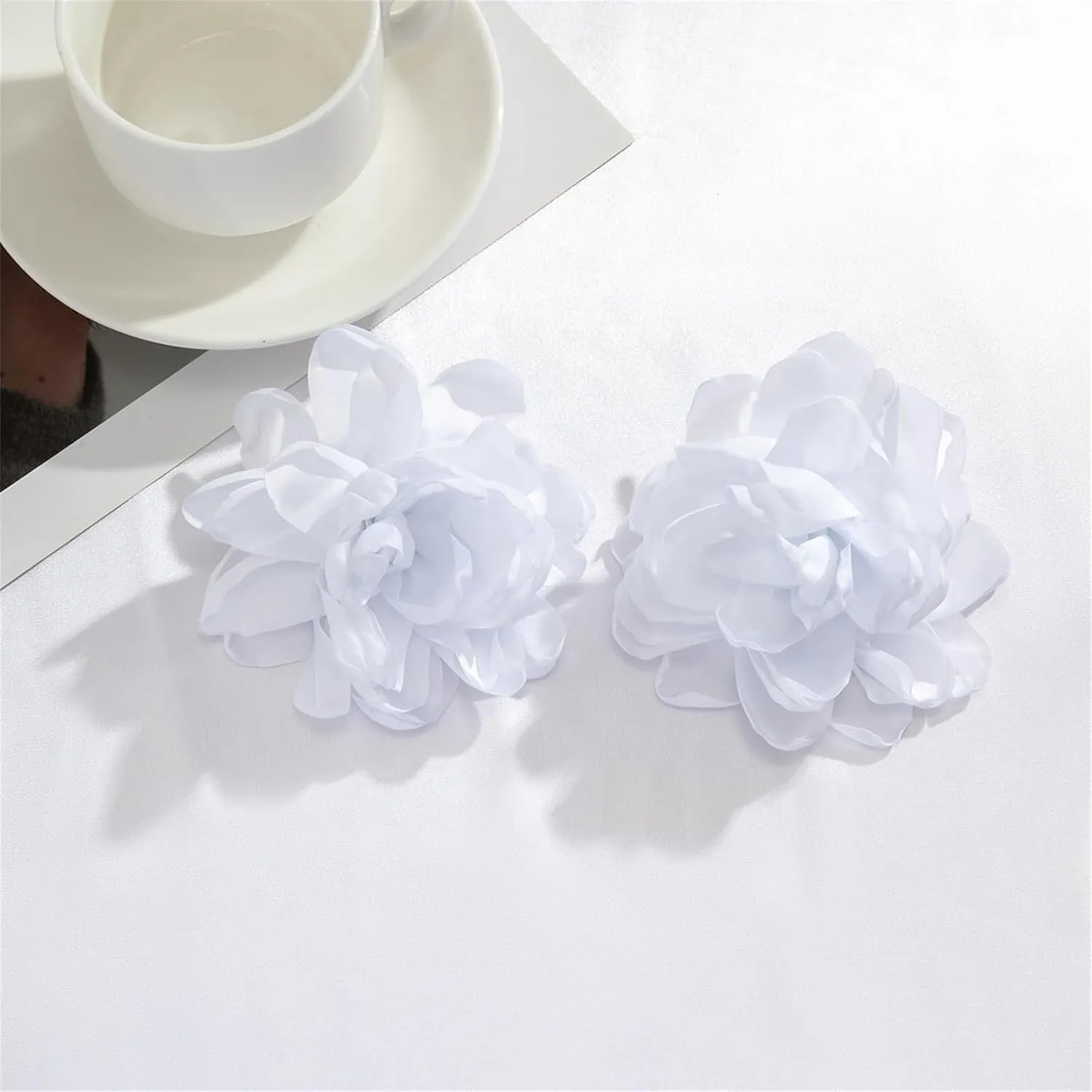 Exaggerated Satin Large Rose Camellia Flower Earrings - Fluffy Fabric Bohemian Floral Statement Earrings for Romantic Party Wedding Occasions