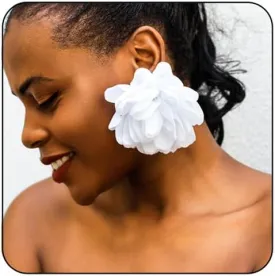Exaggerated Satin Large Rose Camellia Flower Earrings - Fluffy Fabric Bohemian Floral Statement Earrings for Romantic Party Wedding Occasions