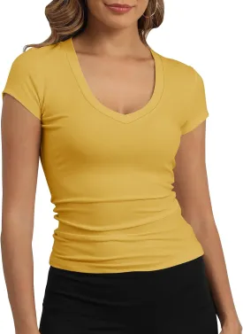 GEMBERA Womens' Stretchy V Neck Short Sleeve Gym Workout Form Fitted Casual Basic Top T-Shirt