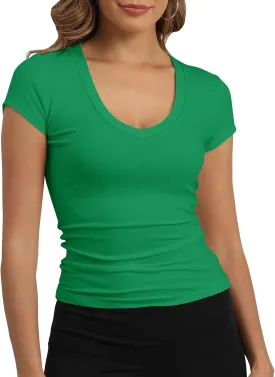 GEMBERA Womens' Stretchy V Neck Short Sleeve Gym Workout Form Fitted Casual Basic Top T-Shirt