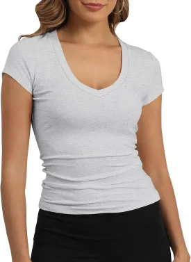 GEMBERA Womens' Stretchy V Neck Short Sleeve Gym Workout Form Fitted Casual Basic Top T-Shirt