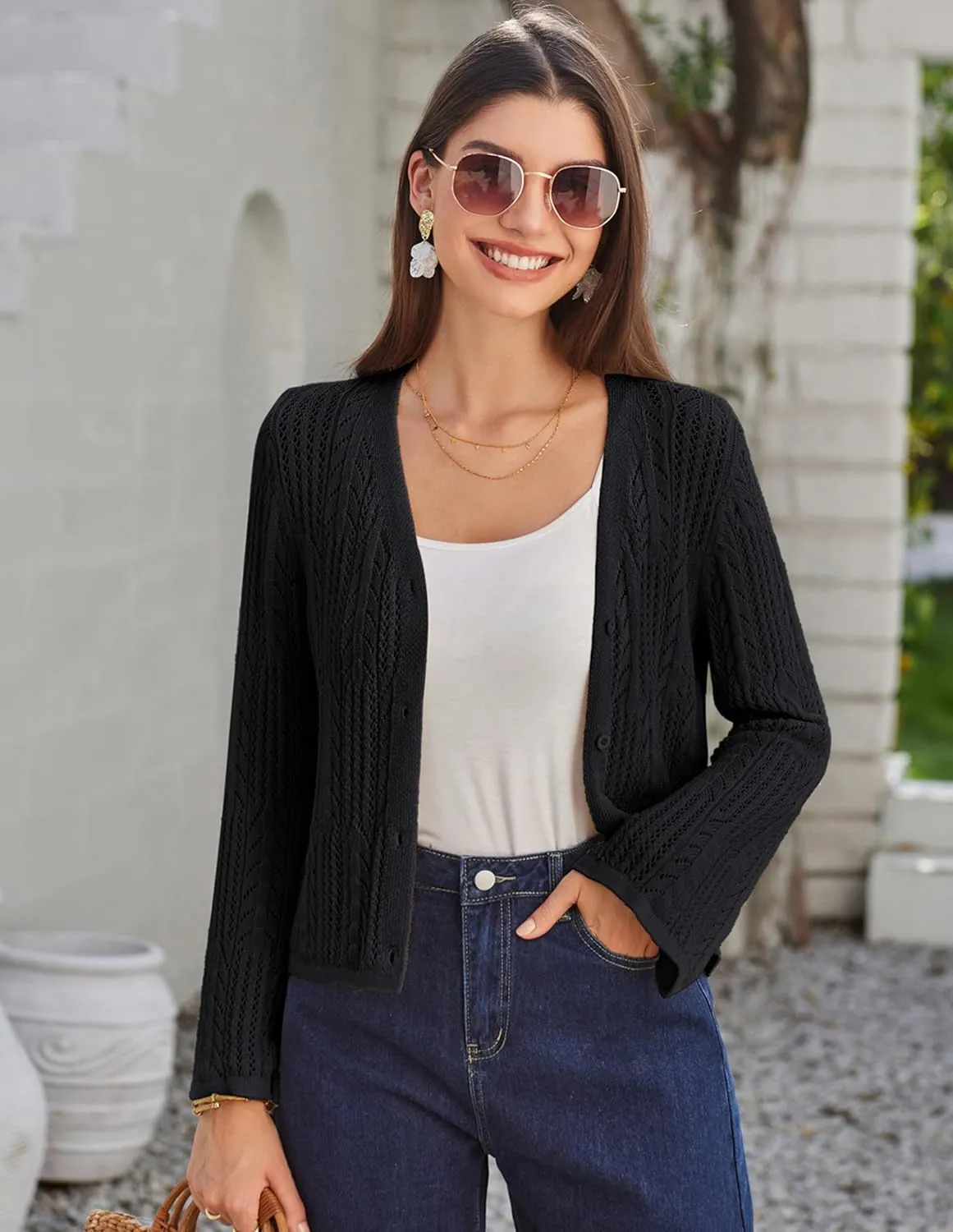GRACE KARIN Womens Cropped Cardigan Lightweight Crochet Open Front Shrug Sweater Hollow Out V Neck Button Up Bolero Knit Top