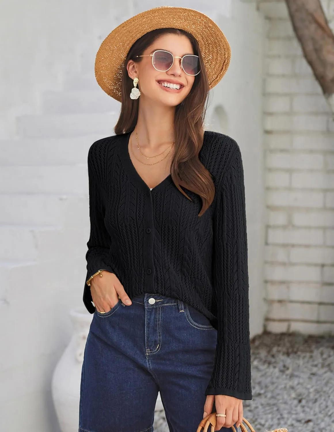 GRACE KARIN Womens Cropped Cardigan Lightweight Crochet Open Front Shrug Sweater Hollow Out V Neck Button Up Bolero Knit Top