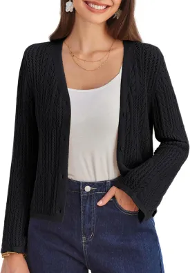 GRACE KARIN Womens Cropped Cardigan Lightweight Crochet Open Front Shrug Sweater Hollow Out V Neck Button Up Bolero Knit Top