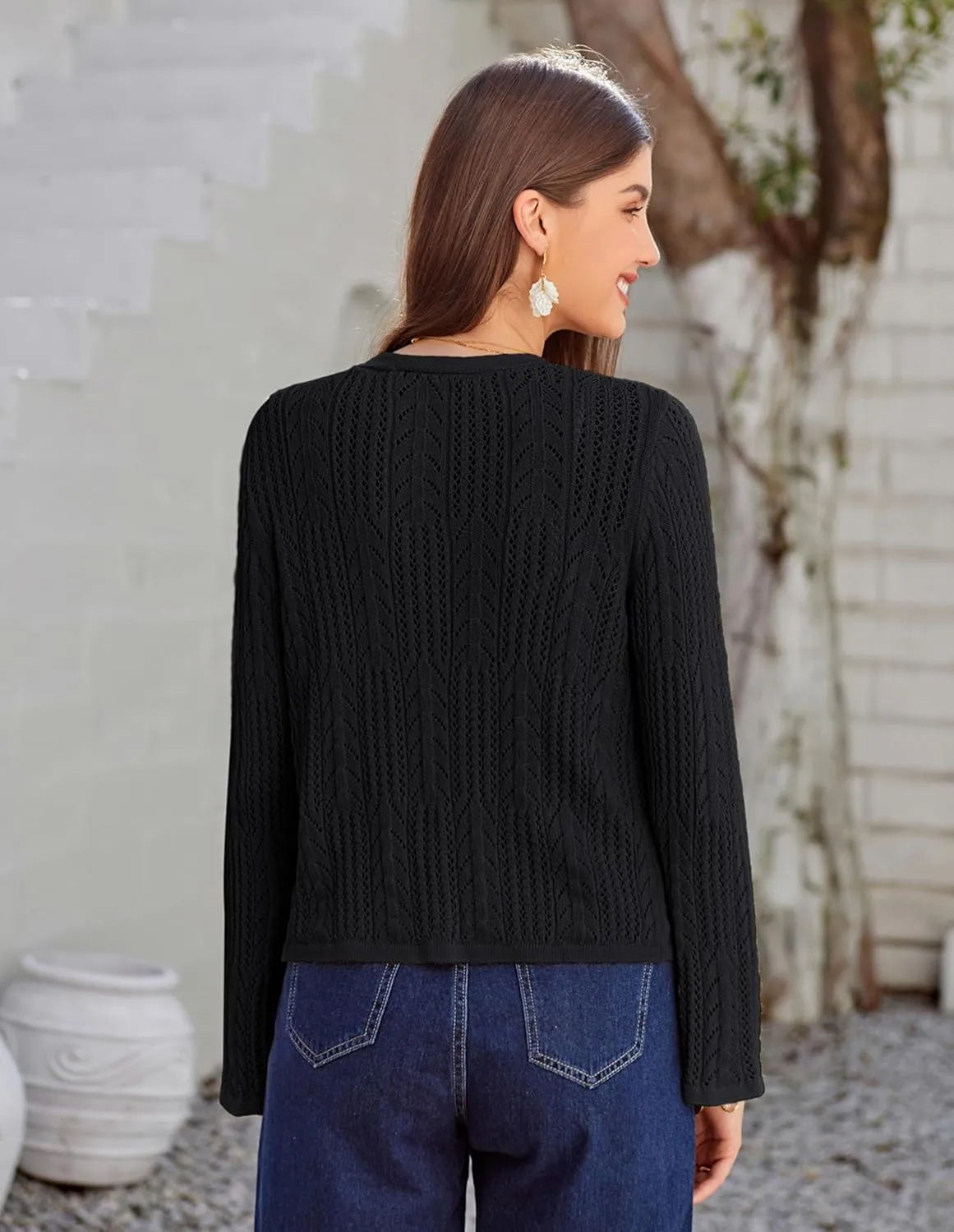 GRACE KARIN Womens Cropped Cardigan Lightweight Crochet Open Front Shrug Sweater Hollow Out V Neck Button Up Bolero Knit Top