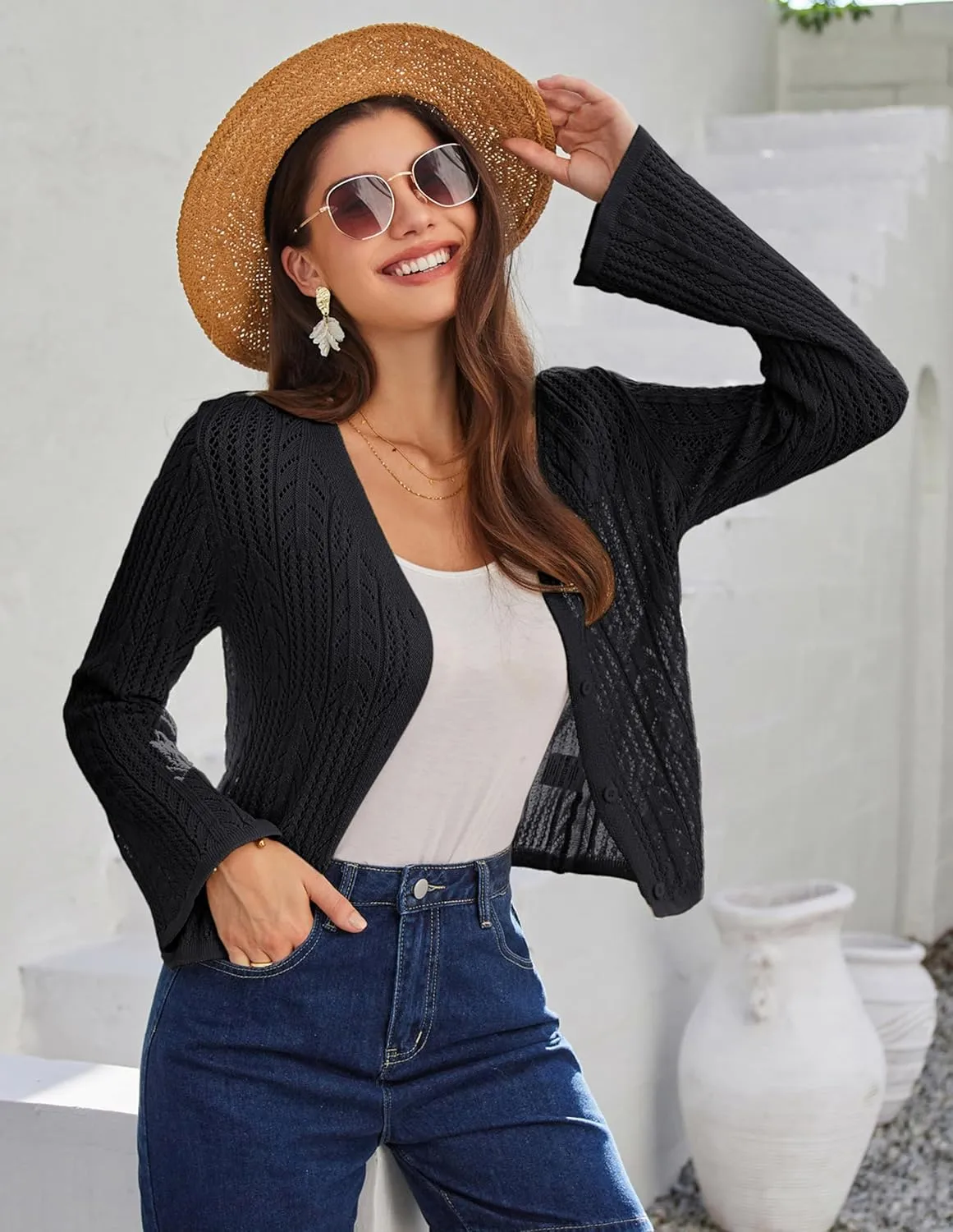 GRACE KARIN Womens Cropped Cardigan Lightweight Crochet Open Front Shrug Sweater Hollow Out V Neck Button Up Bolero Knit Top
