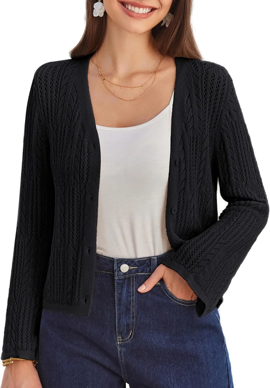 GRACE KARIN Womens Cropped Cardigan Lightweight Crochet Open Front Shrug Sweater Hollow Out V Neck Button Up Bolero Knit Top