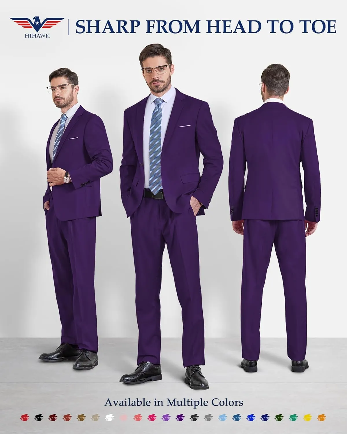 Hihawk Men's 2 Piece Slim Fit Suit with Stretch Fabric, Solid One Button Blazer Jacket Vest Pants Set with Tie.