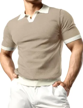 JOGAL Mens Knit Polo Shirts Vintage Short Sleeve Sweater Polo Muscle Slim Fit Golf Shirts