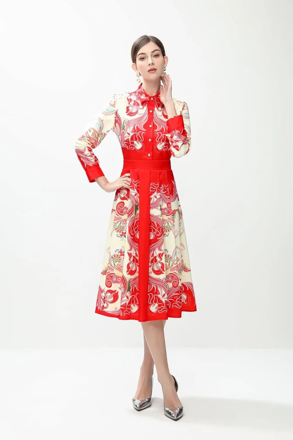 LAI MENG FIVE CATS Women's 3/4 Sleeve Floral Print Button up Casual A-line Flowy Midi Dress