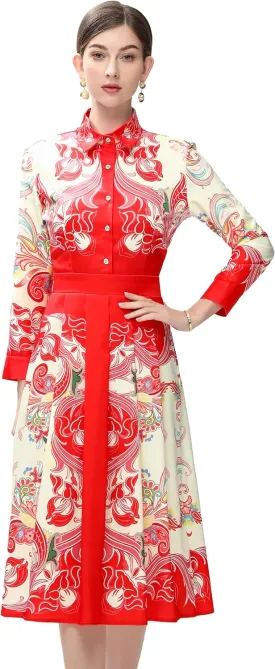 LAI MENG FIVE CATS Women's 3/4 Sleeve Floral Print Button up Casual A-line Flowy Midi Dress