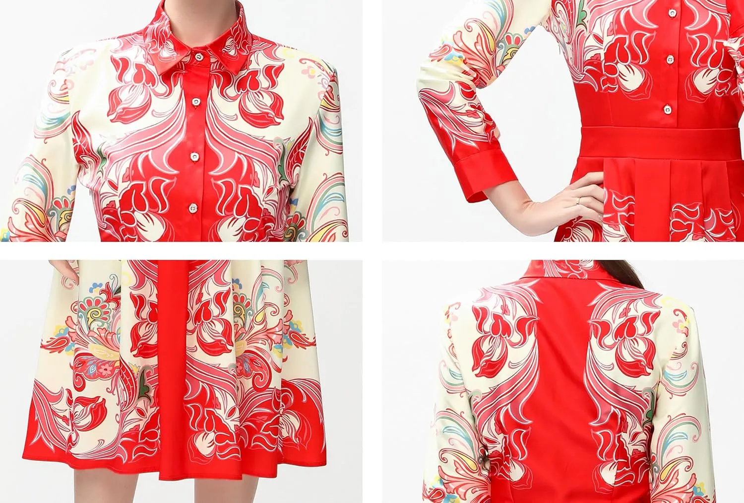 LAI MENG FIVE CATS Women's 3/4 Sleeve Floral Print Button up Casual A-line Flowy Midi Dress