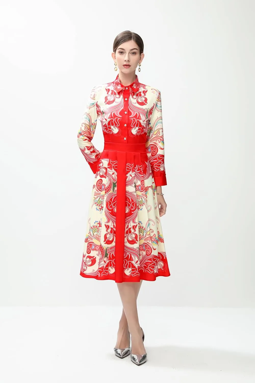 LAI MENG FIVE CATS Women's 3/4 Sleeve Floral Print Button up Casual A-line Flowy Midi Dress