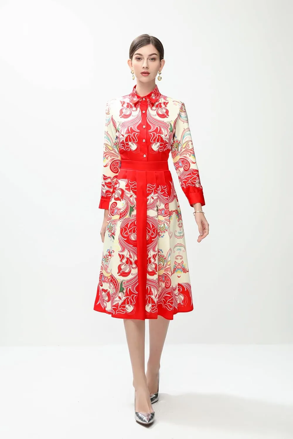 LAI MENG FIVE CATS Women's 3/4 Sleeve Floral Print Button up Casual A-line Flowy Midi Dress