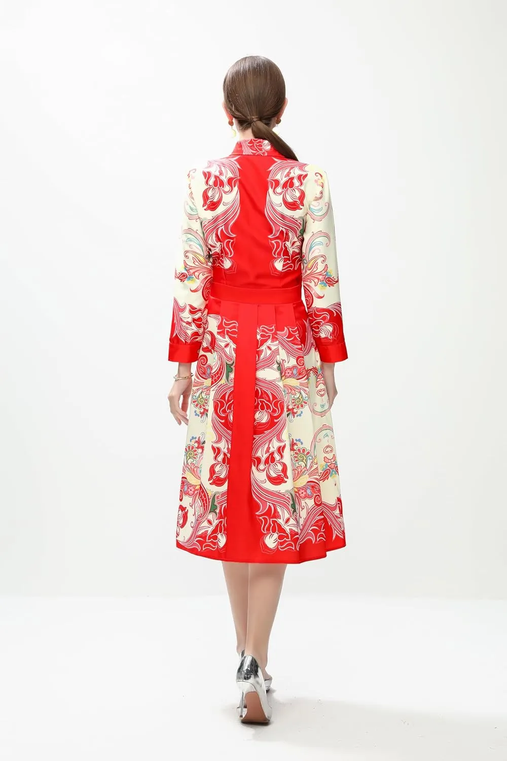 LAI MENG FIVE CATS Women's 3/4 Sleeve Floral Print Button up Casual A-line Flowy Midi Dress