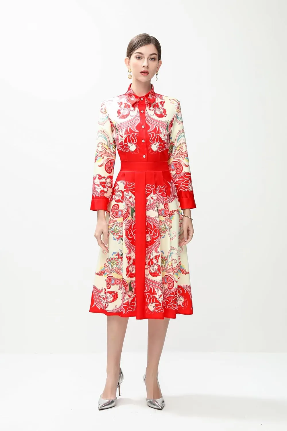 LAI MENG FIVE CATS Women's 3/4 Sleeve Floral Print Button up Casual A-line Flowy Midi Dress