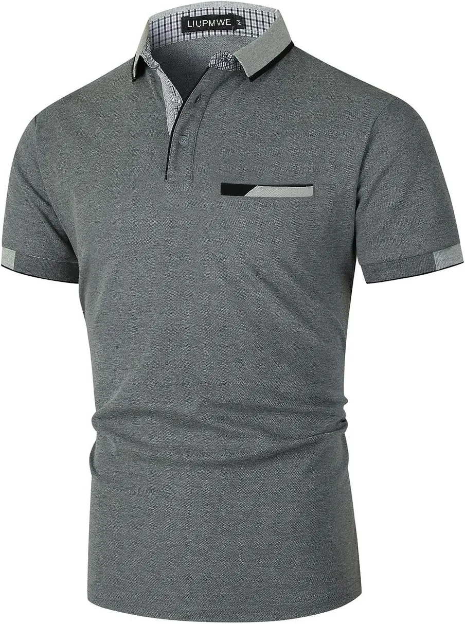 LIUPMWE Polo Shirts for Men with Pocket Elegante Plaided Short Sleeve Cotton T Shirts Golf Shirt