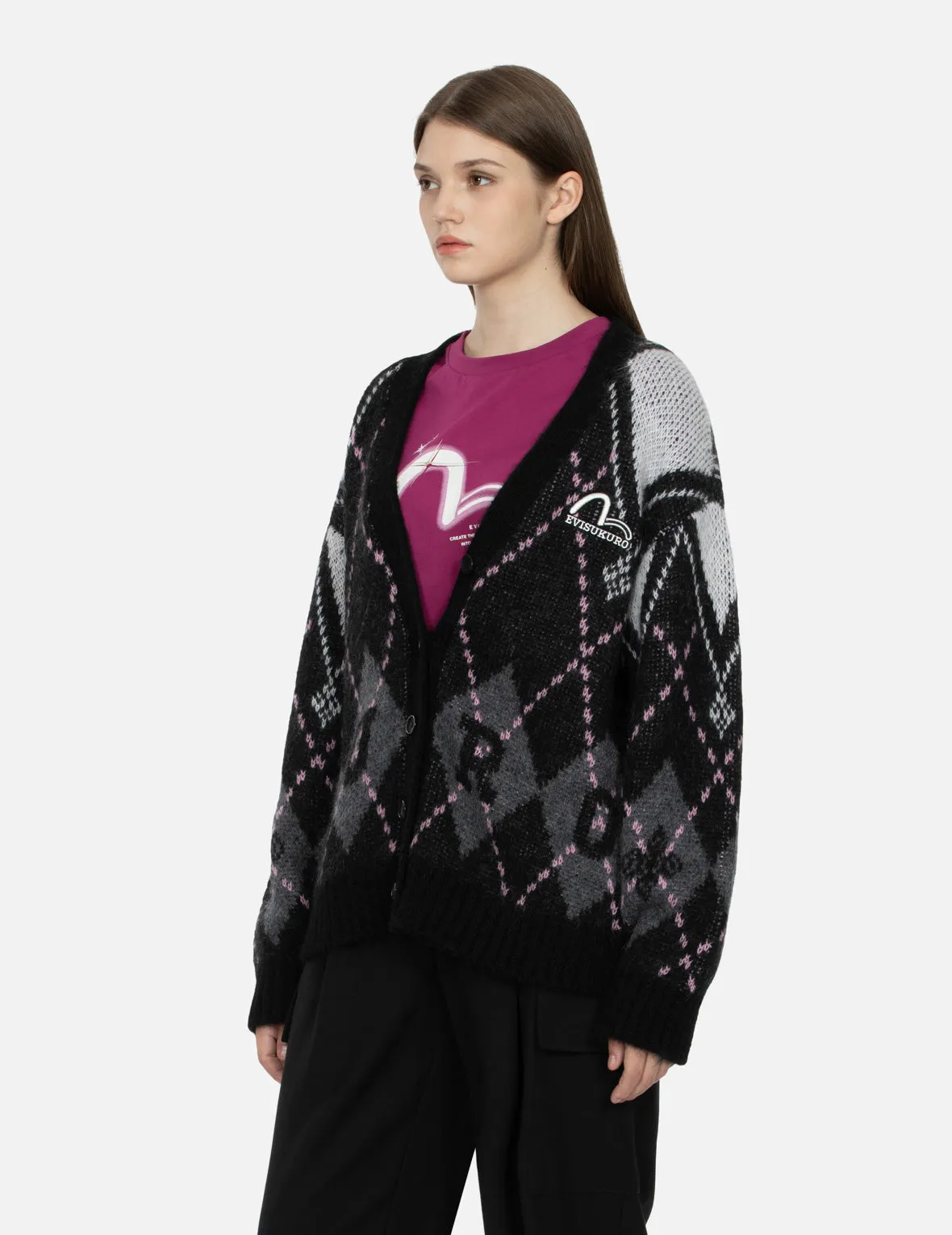 Logo and Seagull Embroidery Relaxed Fit Argyle Cardigan