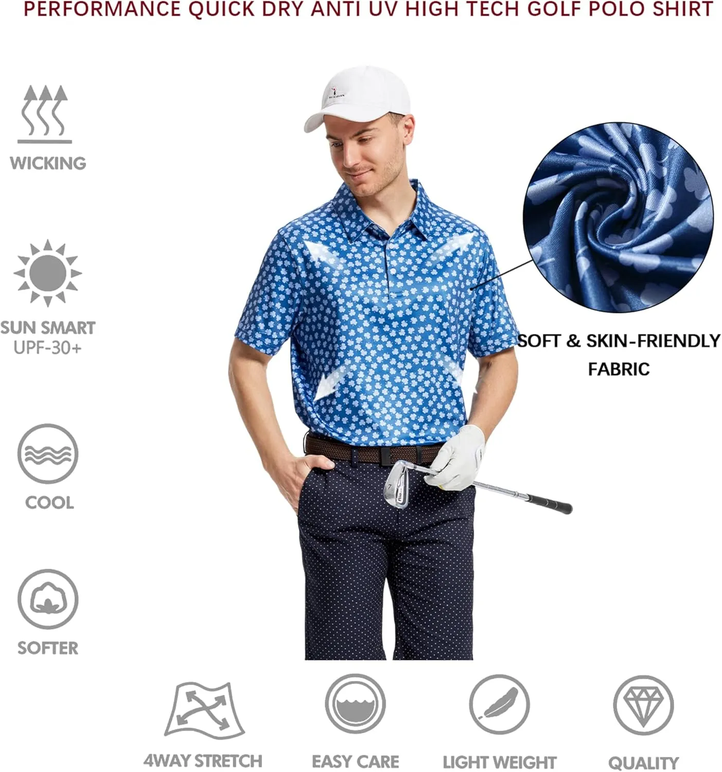 Mens Golf Shirt Moisture Wicking Dry Fit Print Performance Short Sleeve Polo Shirts for Men