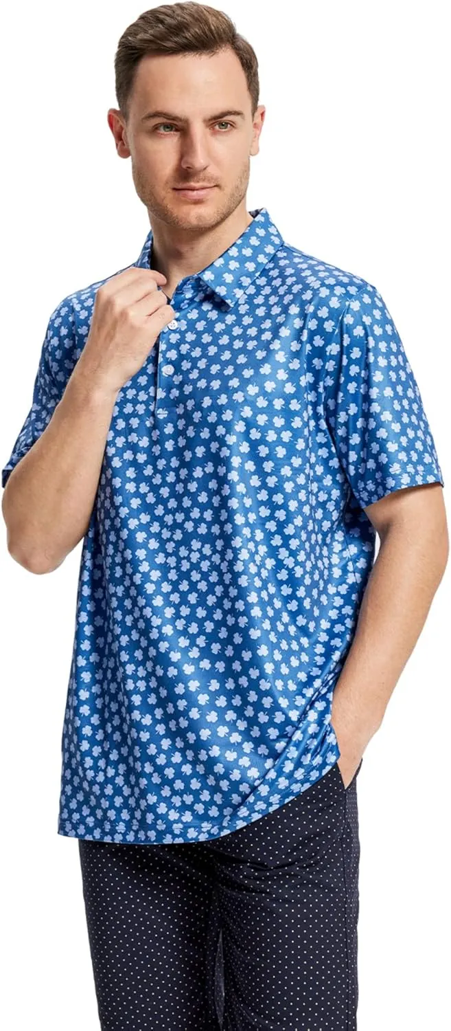 Mens Golf Shirt Moisture Wicking Dry Fit Print Performance Short Sleeve Polo Shirts for Men