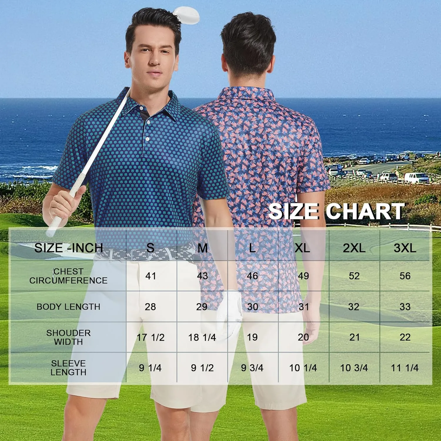 Mens Golf Shirt Moisture Wicking Dry Fit Print Performance Short Sleeve Polo Shirts for Men
