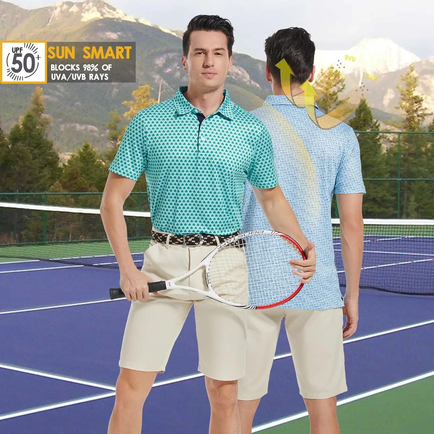 Mens Golf Shirt Moisture Wicking Dry Fit Print Performance Short Sleeve Polo Shirts for Men