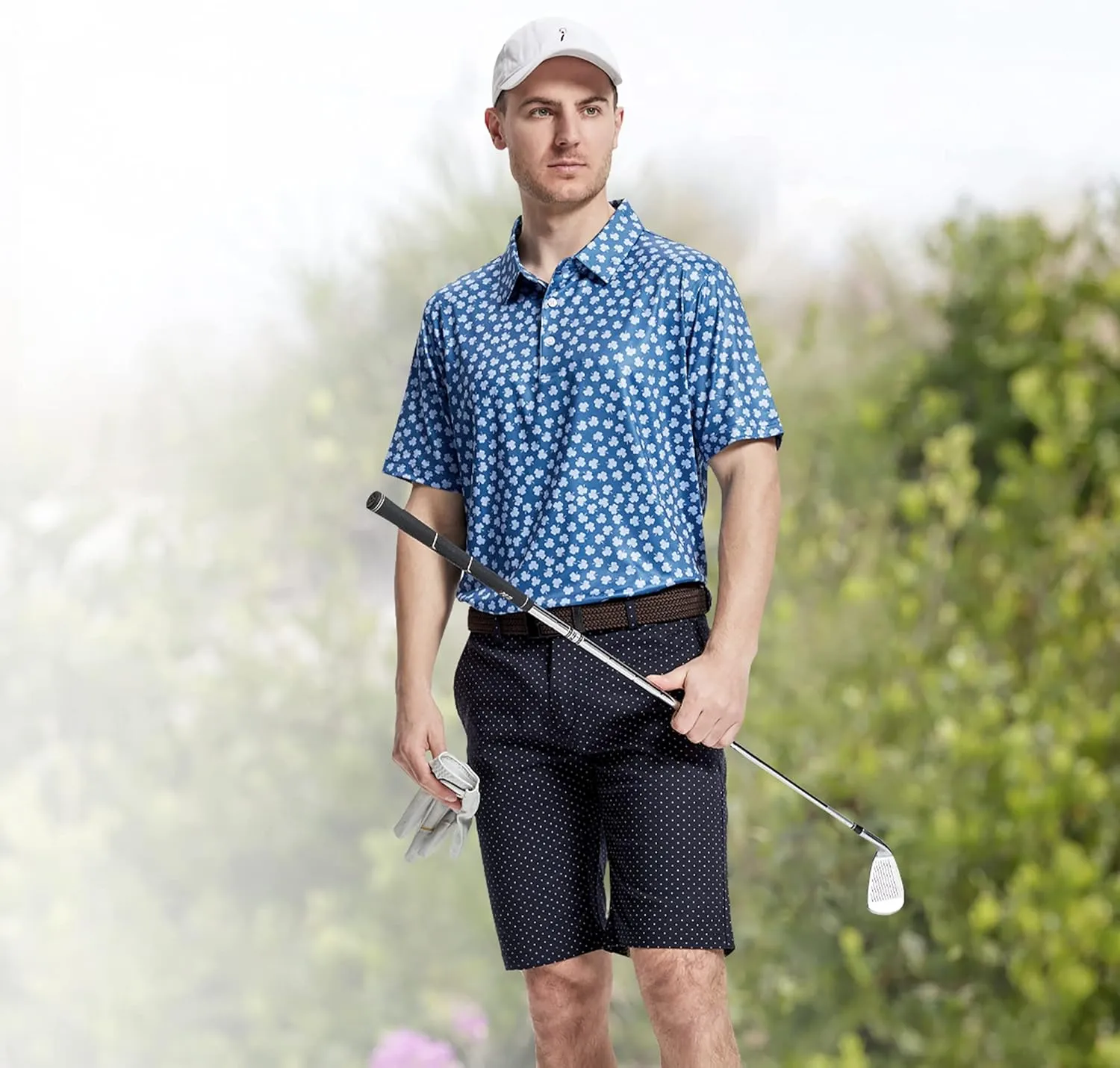 Mens Golf Shirt Moisture Wicking Dry Fit Print Performance Short Sleeve Polo Shirts for Men