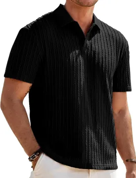 Mens Knit Polo Shirts Short Sleeve Button Down Texture Polo T Shirts Casual Golf Polo Collared Shirts