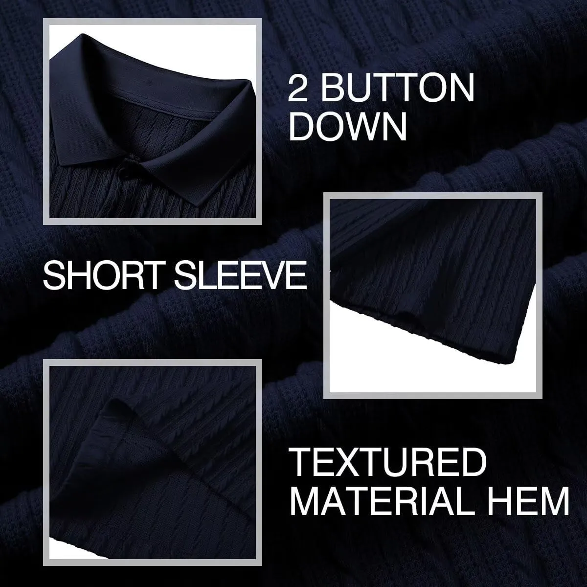 Mens Knit Polo Shirts Short Sleeve Button Down Texture Polo T Shirts Casual Golf Polo Collared Shirts