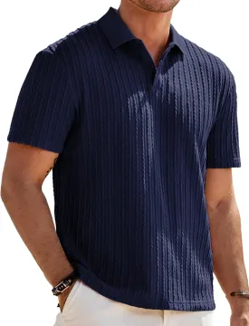 Mens Knit Polo Shirts Short Sleeve Button Down Texture Polo T Shirts Casual Golf Polo Collared Shirts