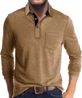 Mens Long Sleeve Polo Shirts Casual Fashion Button Up Collared Golf T Shirts with Pocket