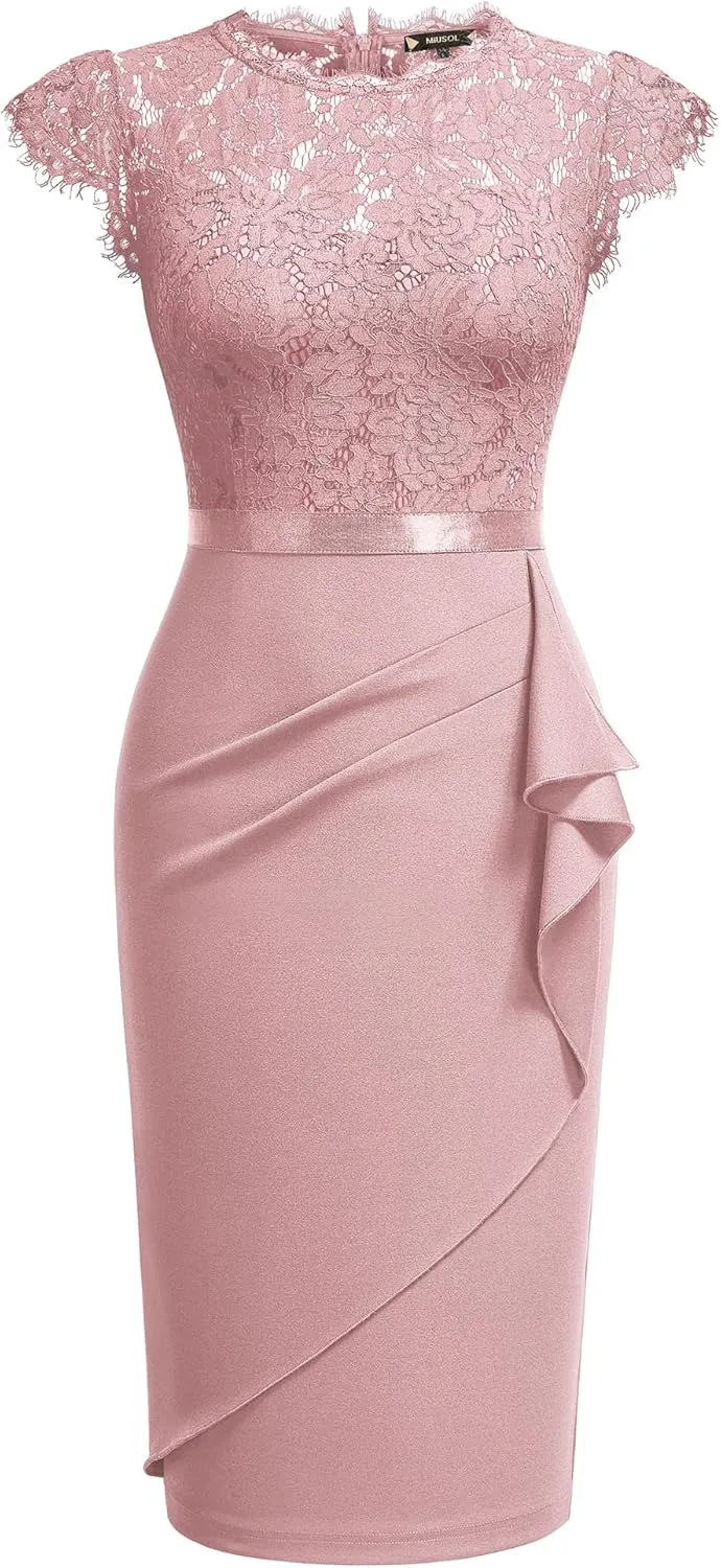 Miusol Women's Elegant Floral Lace Ruffle Design Cap Sleeve Cocktail Party Dress