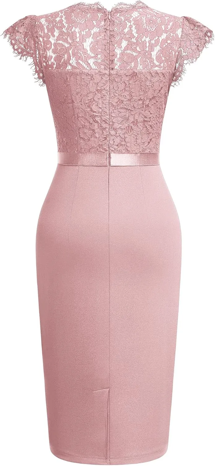 Miusol Women's Elegant Floral Lace Ruffle Design Cap Sleeve Cocktail Party Dress