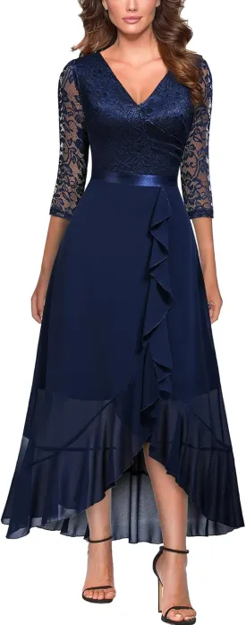 Miusol Women's V-Neck Floral Lace Classy Ruffle Design Wedding Party Maxi Dress