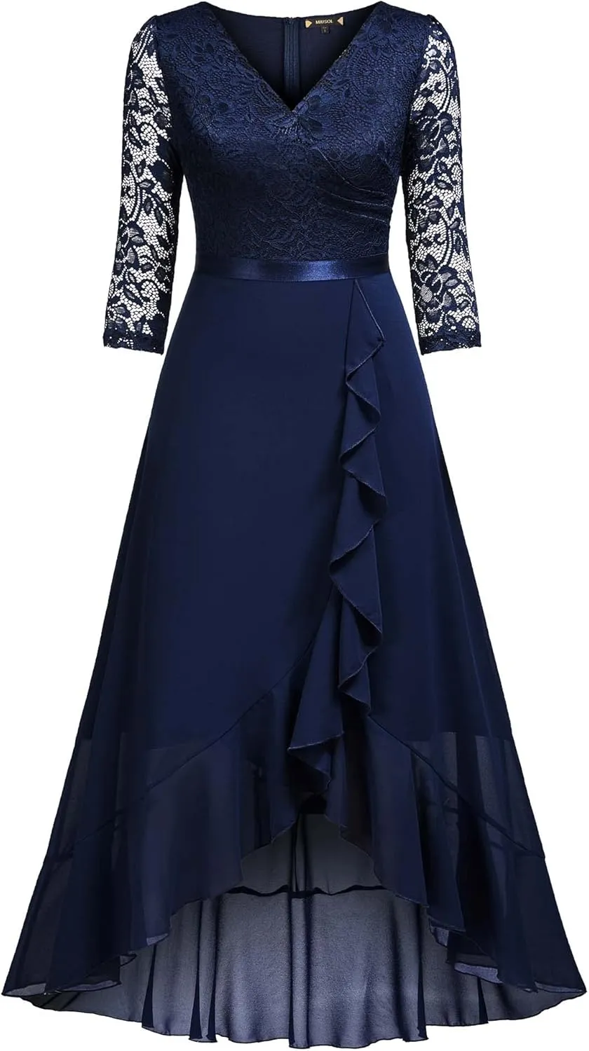 Miusol Women's V-Neck Floral Lace Classy Ruffle Design Wedding Party Maxi Dress
