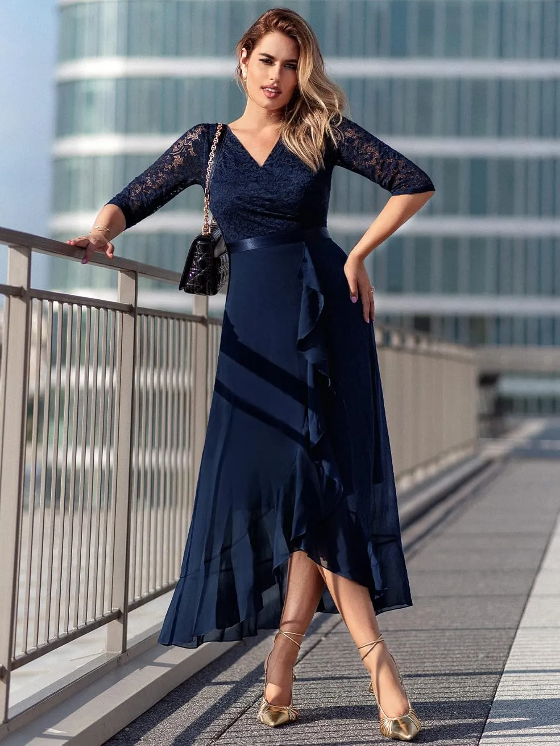 Miusol Women's V-Neck Floral Lace Classy Ruffle Design Wedding Party Maxi Dress