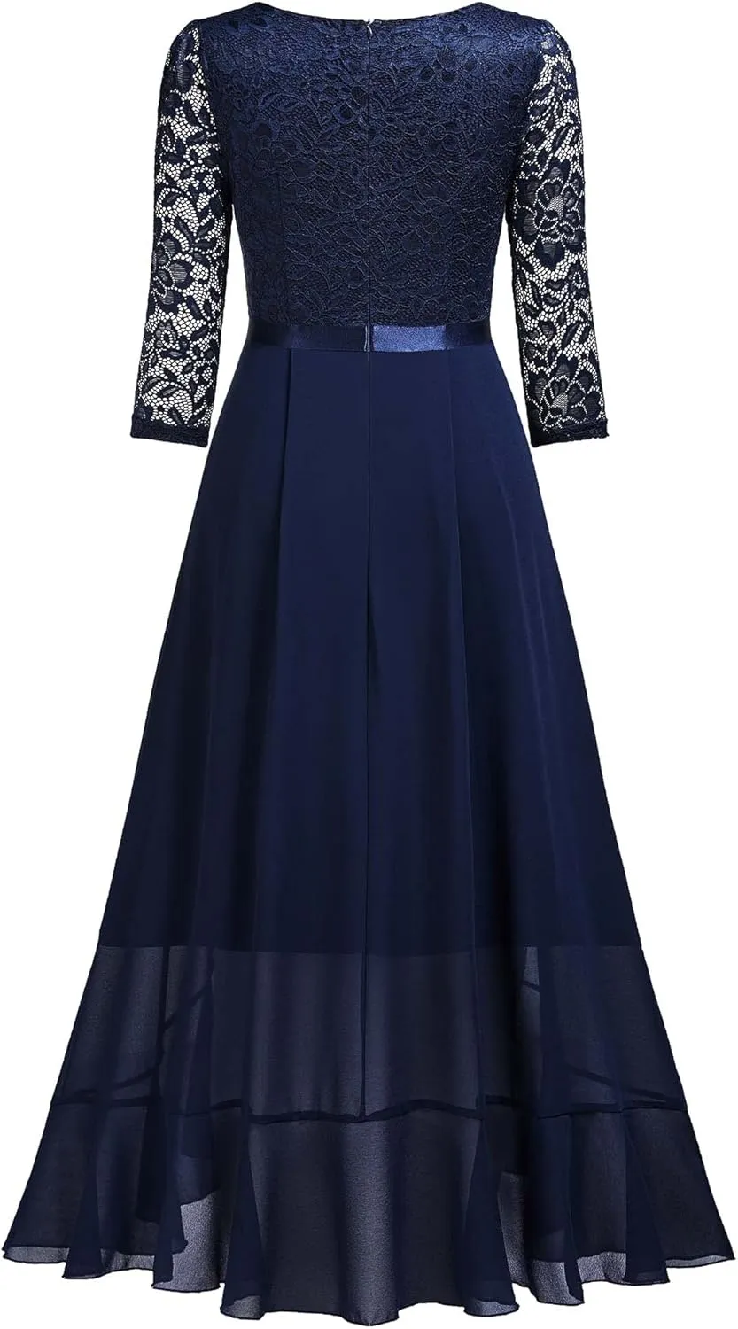 Miusol Women's V-Neck Floral Lace Classy Ruffle Design Wedding Party Maxi Dress