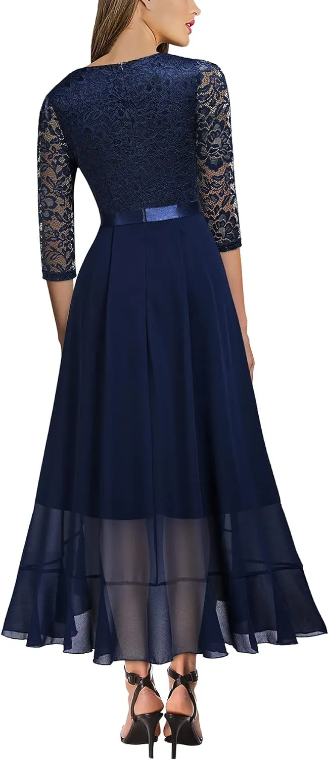 Miusol Women's V-Neck Floral Lace Classy Ruffle Design Wedding Party Maxi Dress