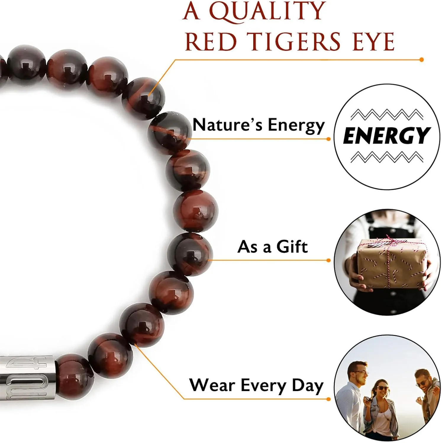 Morchic 8mm Genuine Gemstone Stretch Bracelet for Women Men Unisex, Natural Energy Crystal Stone Beads, Classic Simple Design Cuff Birthday Gift 7.5 Inch