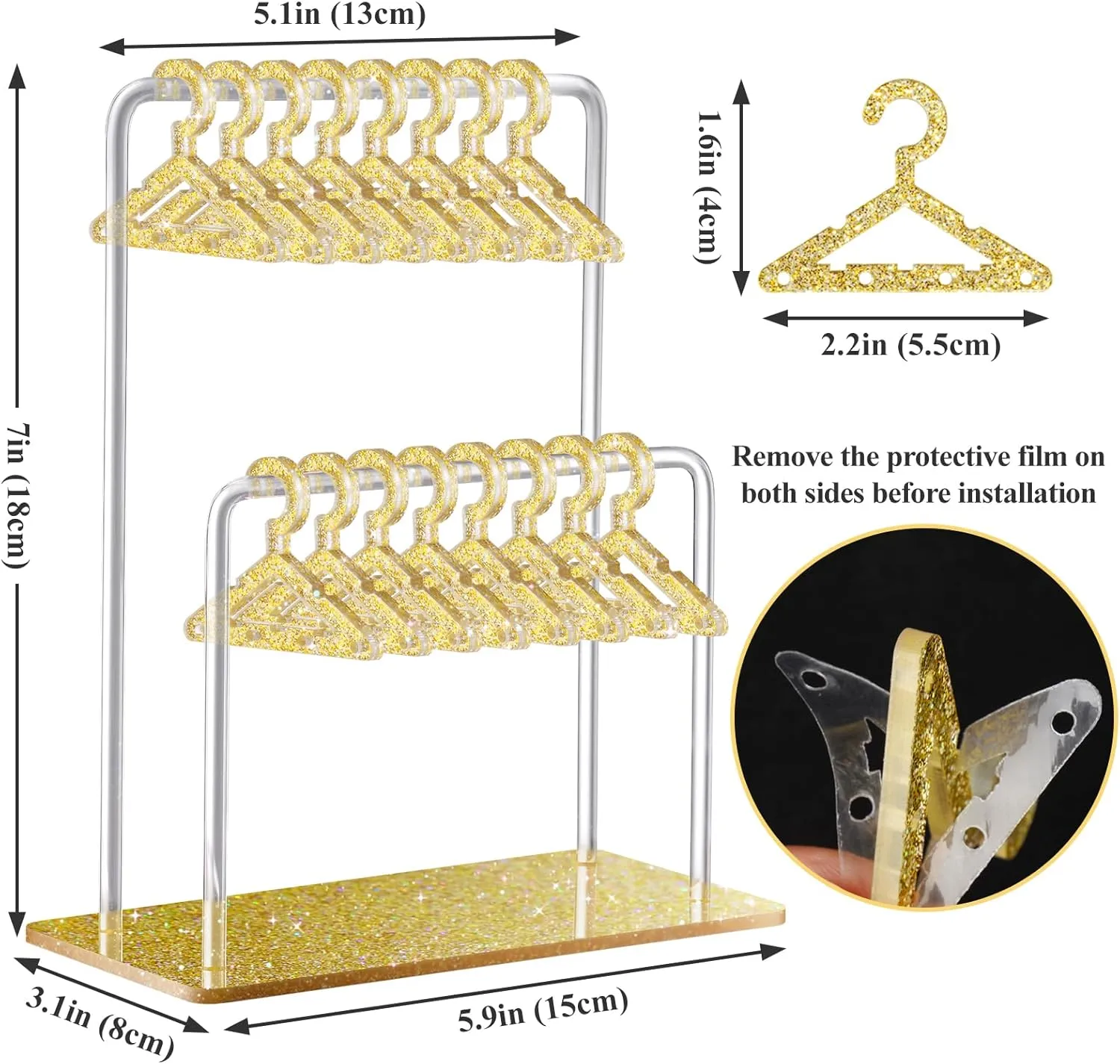 NiHome Glitter Acrylic Earring Holder with Unique Double-Tier Design, Miniature Clothing Hangers with Spacious Storage for 48 Pairs, Mirror-Finish Display for Home Vanity, Retail Showrooms (Gold)