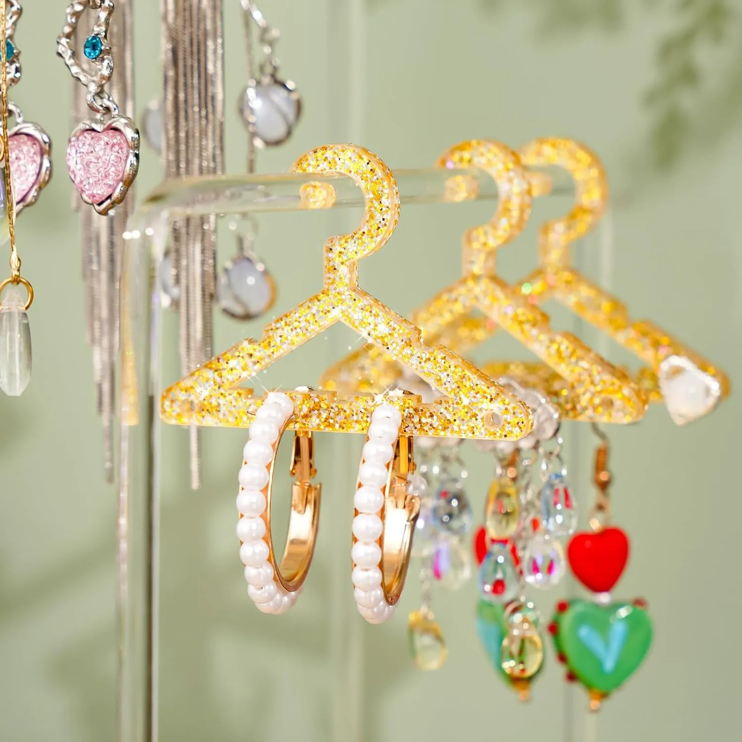 NiHome Glitter Acrylic Earring Holder with Unique Double-Tier Design, Miniature Clothing Hangers with Spacious Storage for 48 Pairs, Mirror-Finish Display for Home Vanity, Retail Showrooms (Gold)